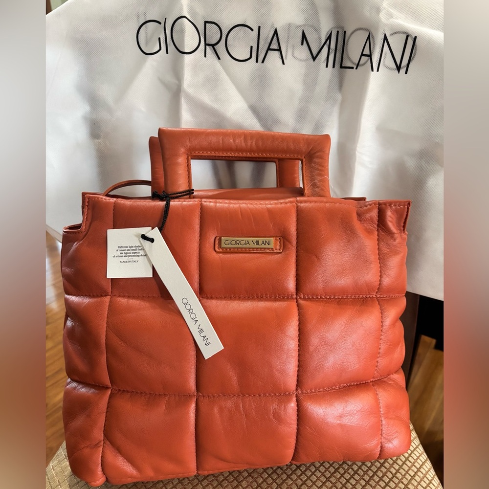 Giorgia Milano Orange Quilted Tote with Leather Handles with shoulder straps